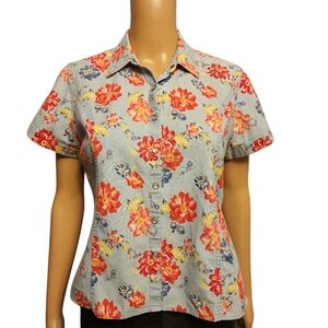 Liz Claiborne Floral Denim Snap Closure Short Sleeve Top Size Small Petite